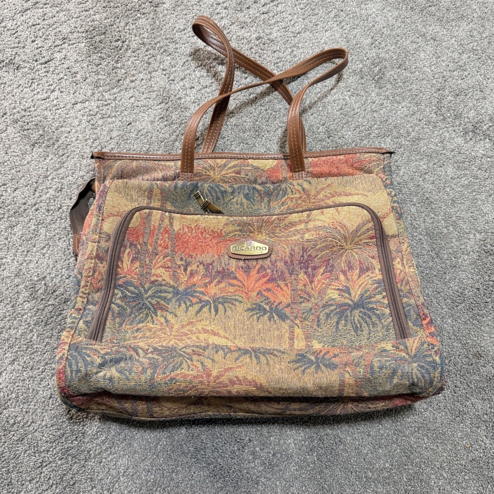 Ricardo Beverly Hills Tropical Palm Tree Tapestry Tote Bag Travel Carry On Brown